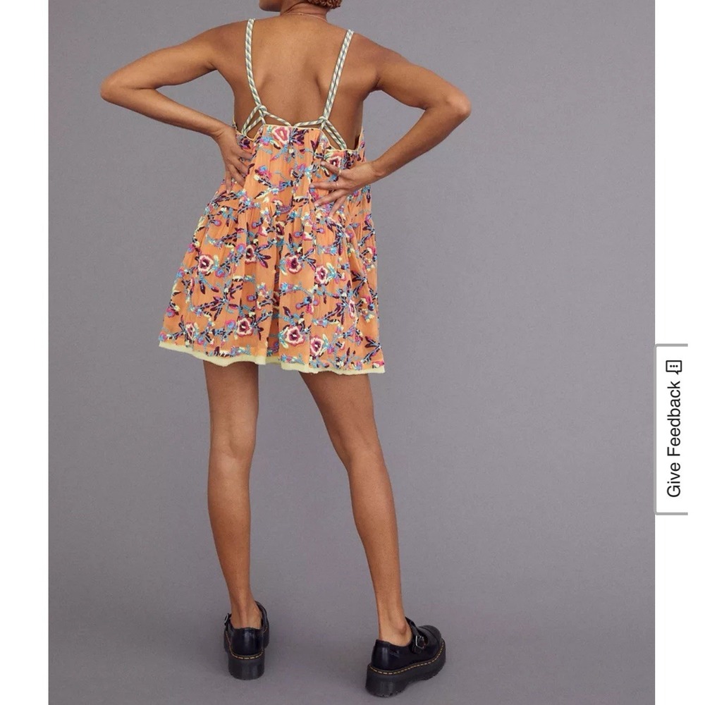 Kimchi Blue Orange Floral Embroidered Babydoll Mini Dress Braided Straps Small - Picture 2 of 11